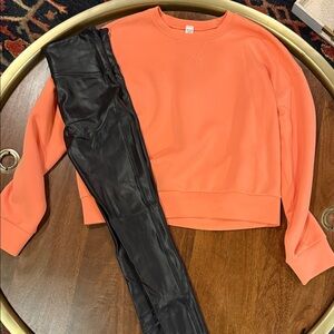 SPANX Coral Sweatshirt and Black Faux Leather Leggings